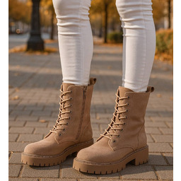 Beżowe wiązane botki workery zamszowe