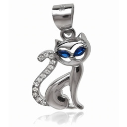 Rodowany srebrny wisior wisiorek kot kotek cat białe