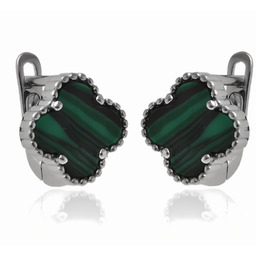 Eleganckie rodowane srebrne wiszące kolczyki koniczynki z malachitem