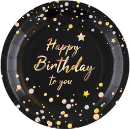 Talerzyki urodzinowe Happy Birthday czarne - 8 szt.