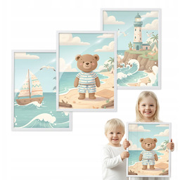 Zestaw 3 obrazów Miś Nad Morzem Do Pokoju