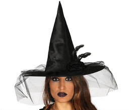 Kapelusz czarownicy z woalem i różą na Halloween