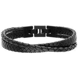 Męska skórzana szeroka bransoletka czarne plecione rzemienie płaski