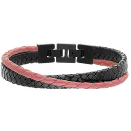 Męska skórzana szeroka bransoletka czarny i czerwony pleciony