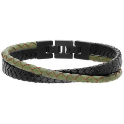 Męska skórzana szeroka bransoletka czarny i zielony pleciony