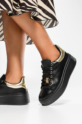 Czarne sneakersy damskie z owadem sznurowane złote dodatki