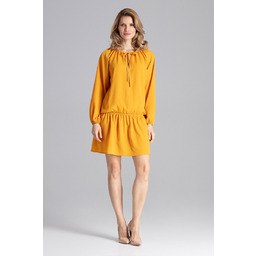 Luźna SUKIENKA z gumką wiązana na szyi Musztardowa