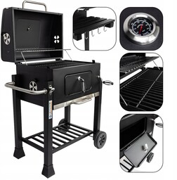 Grill Ogrodowy Węglowy Duży Żeliwny Ruszt Z Pokrywą