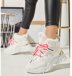 Royalfashion Białe sportowe buty damskie z futerkiem