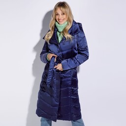 Damski płaszcz puchowy z kapturem granatowy