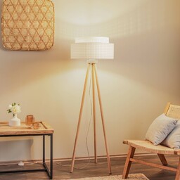 Duolla Lampa stojąca Boho, Ø 60 cm, kremowo-biała/rattan