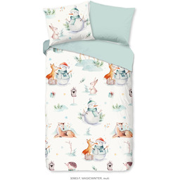 Pościel Bałwanek zima jeżyk lisek 140x220 flanelowa niebieska