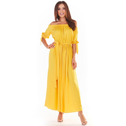 Długa Sukienka z Hiszpańskim Dekoltem - Żółta