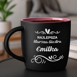 Kubek ceramiczny czarny środek różowy z grawerem