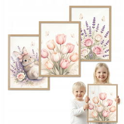 Zestaw 3 obrazów Zajączek Wśród Kwiatów drewniana ramka