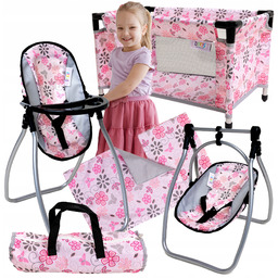 Zestaw dla lalek Łóżeczko Krzesełko Do Karmienia Huśtawka