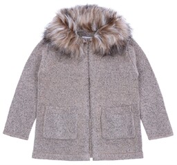 Dziewczęcy, brązowy KARDIGAN z odpinanym futerkiem, CIEPŁY sweterek