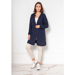 Czarny Niezapinany Sweter z Kapturem w Warkocze