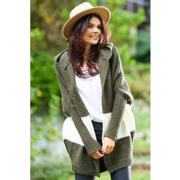 Dwukolorowy Kardigan z Kapturem - Khaki