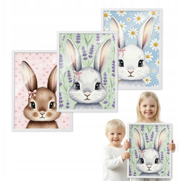 Zestaw 3 obrazów Portrety Zajączków biała ramka 40x50