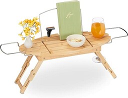 Relaxdays Półka na wannę, bambus i metal, wysuwana,