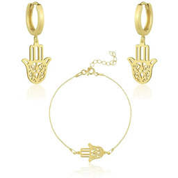Komplet srebrny pozłacany Ręka Fatimy bransoletka i kolczyki