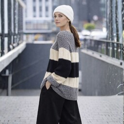 Sweter Damski Włoski w Paski Oversize Szary Biały