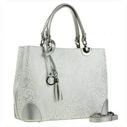 Skórzana torebka shopper kuferek L biała ze srebrnym