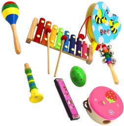 Zestaw Instrumentów Drewnianych Cymbałki Bębenek Tamburyn I Harmonijka