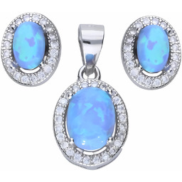 Delikatny rodowany srebrny komplet z opalem i cyrkoniami