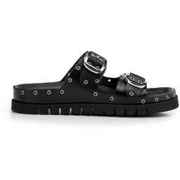 Damskie klapki ze skóry z metalowymi detalami czarno