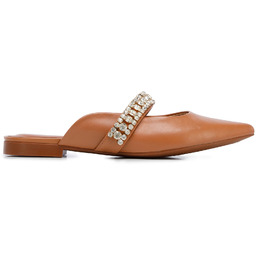 Damskie klapki skórzane z błyszczącym paskiem brązowe