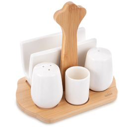 Solniczka i pieprzniczka porcelanowa ze stojakiem i serwetnikiem