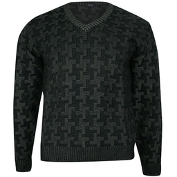 Sweter Czarny w Serek, Wzór Geometryczny, Dekolt V-neck,