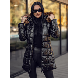 Czarno-brązowa długa pikowana kurtka płaszcz damska zimowa