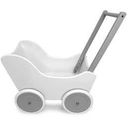 Biało-szary wózek z drewna dla lalki do zabawy