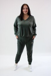 Welurowy dres w serek Miriam Oliwkowy UNI MAŁY