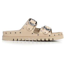 Damskie klapki ze skóry z metalowymi detalami beżowo