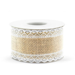 Tasiemka jutowa z białą koronką, 50 mm /