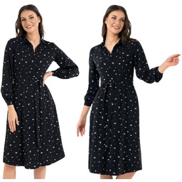 Sukienka Damska Szmizjerka Midi Wiskozowa Wzorzysta Lato CZARNA