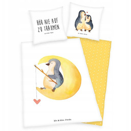 Pościel 140x200 Pingwin Mr&Mrs Panda biała żółta poszewka