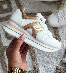 Białe damskie buty sportowe sneakersy na koturnie złote