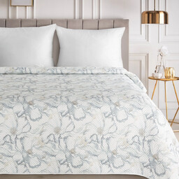 Narzuta pikowana biała w szare kwiaty NPJ-02