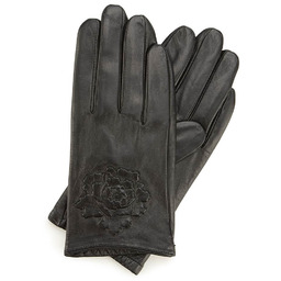 Damskie rękawiczki skórzane z wytłoczoną różą czarne