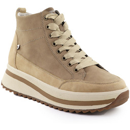 Skórzane botki damskie na platformie beżowe Rieker W3871-60