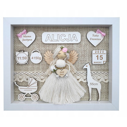 Metryczka 3D Aniołek Makrama Ramka Pamiątka Na Chrzest