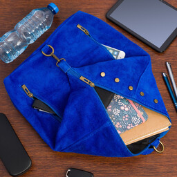 Włoski Stylowy Plecak Damski Skórzany Zamsz A4 chabrowy