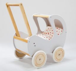 Biało-brązowy, głęboki wózek z drewna dla lalki -