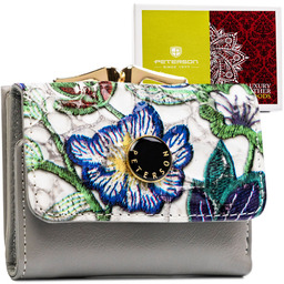 Wielokolorowy portfelik damski ze skóry naturalnej w kwiaty