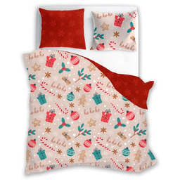 Pościel bożonarodzeniowa bawełniana łososiowa w prezenty i bombki